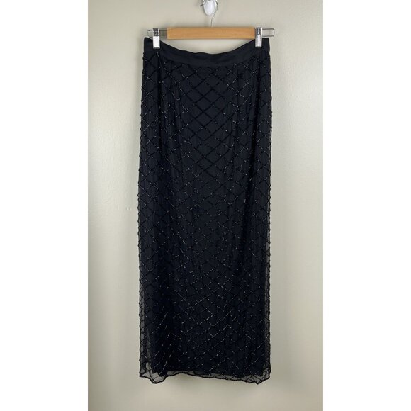CACHE Vtg 90’s Silk Fully Beaded Maxi Skirt Sz Sm Black Slit 100% Silk (Flaws) - Picture 1 of 10